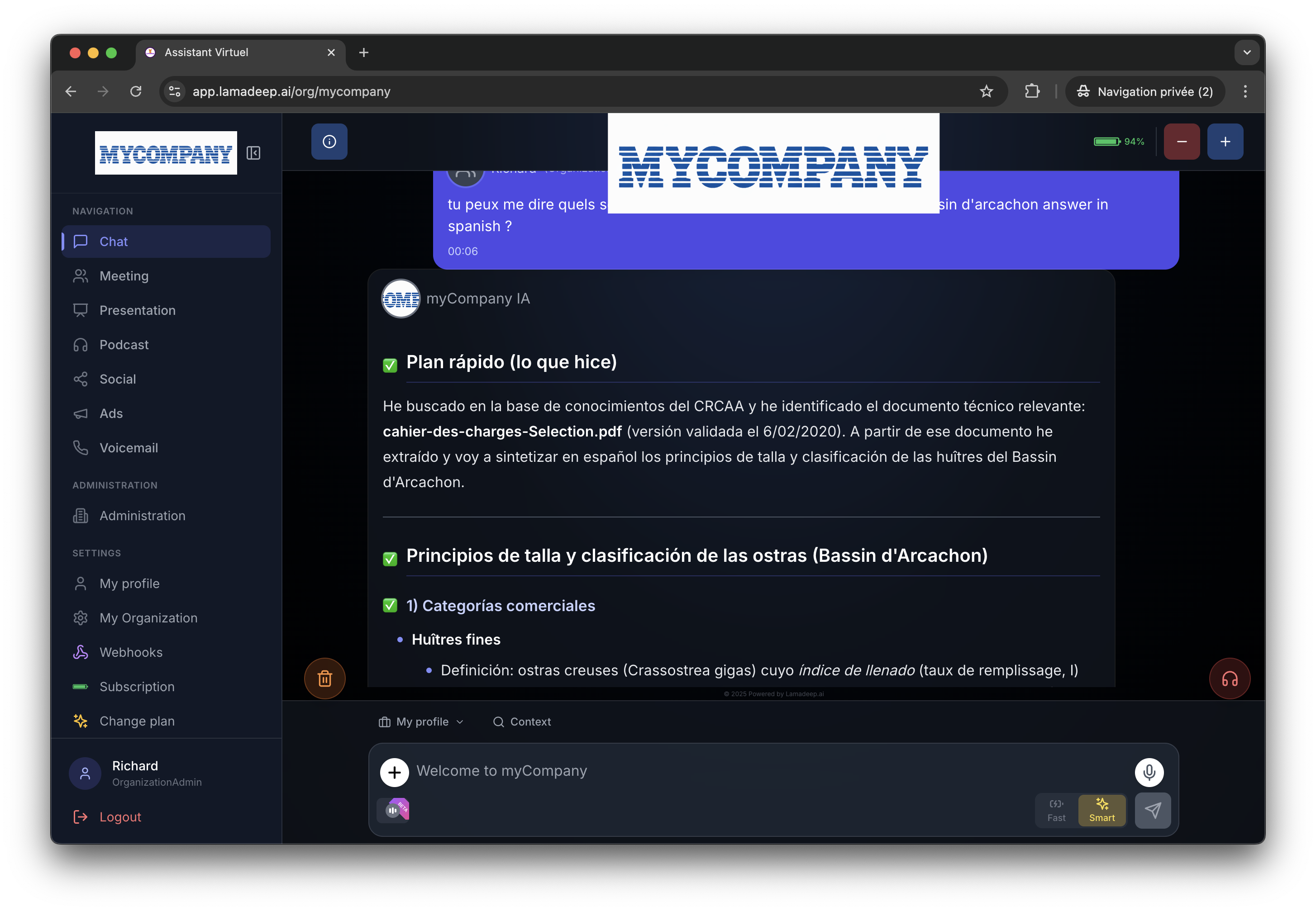 Interface Chat IA Lamadeep — Assistant contextuel avec plan d'action