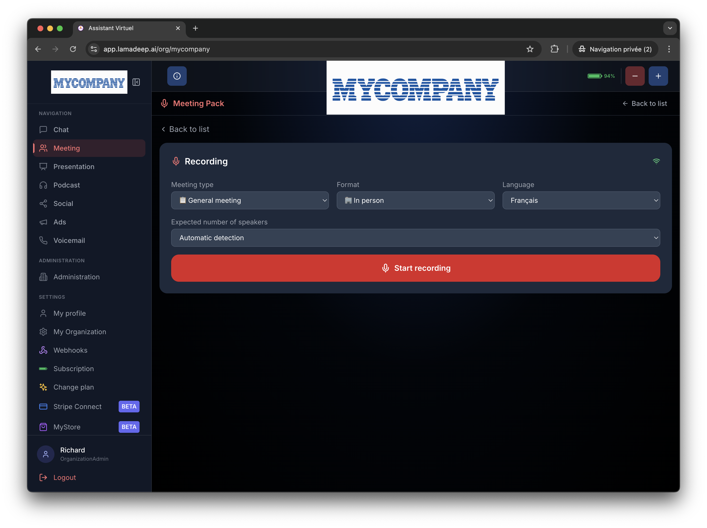 Interface Meeting — Enregistrement de réunion avec détection automatique des participants