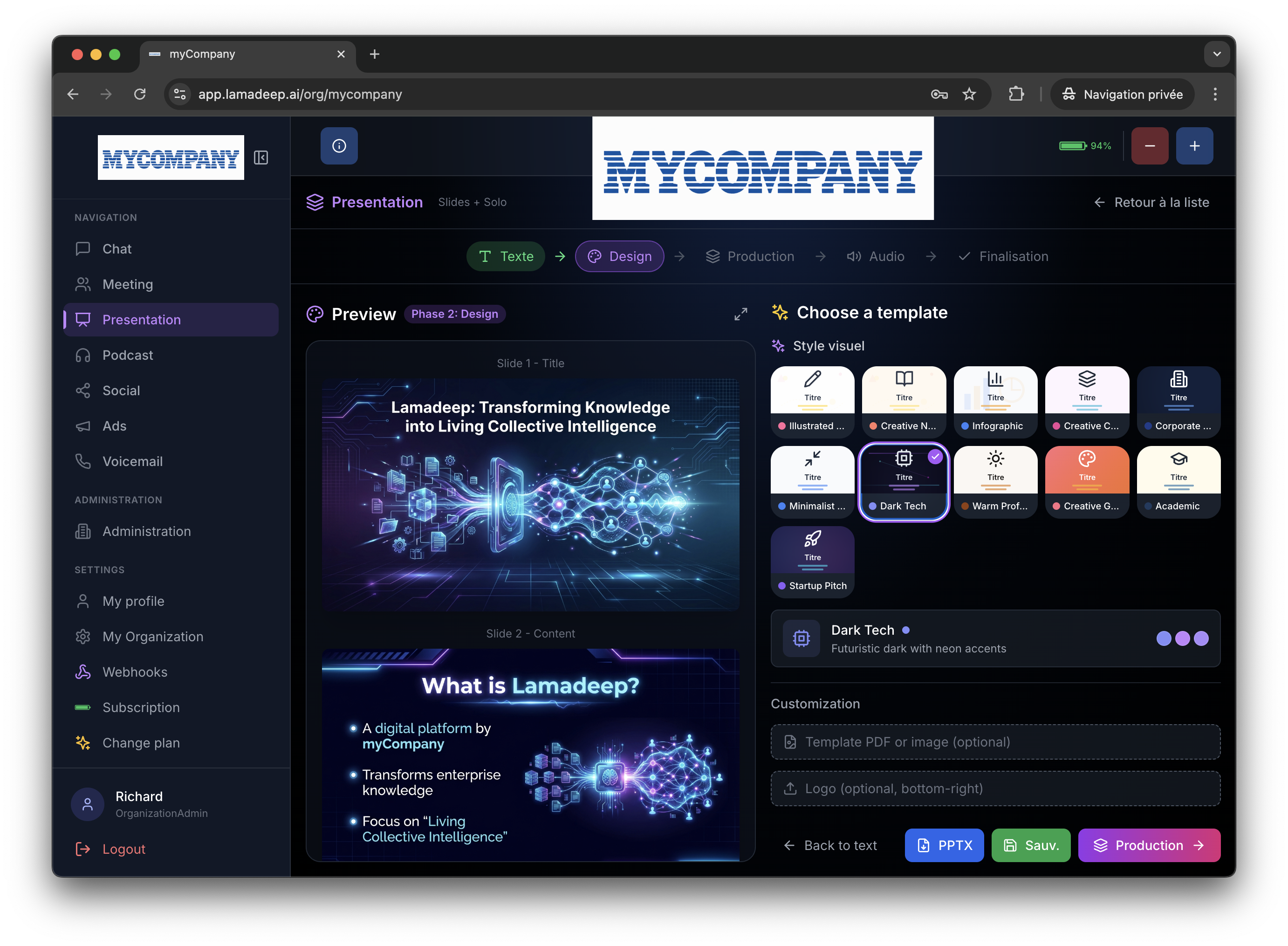 Interface Présentation — Création de présentations narrées avec thèmes visuels