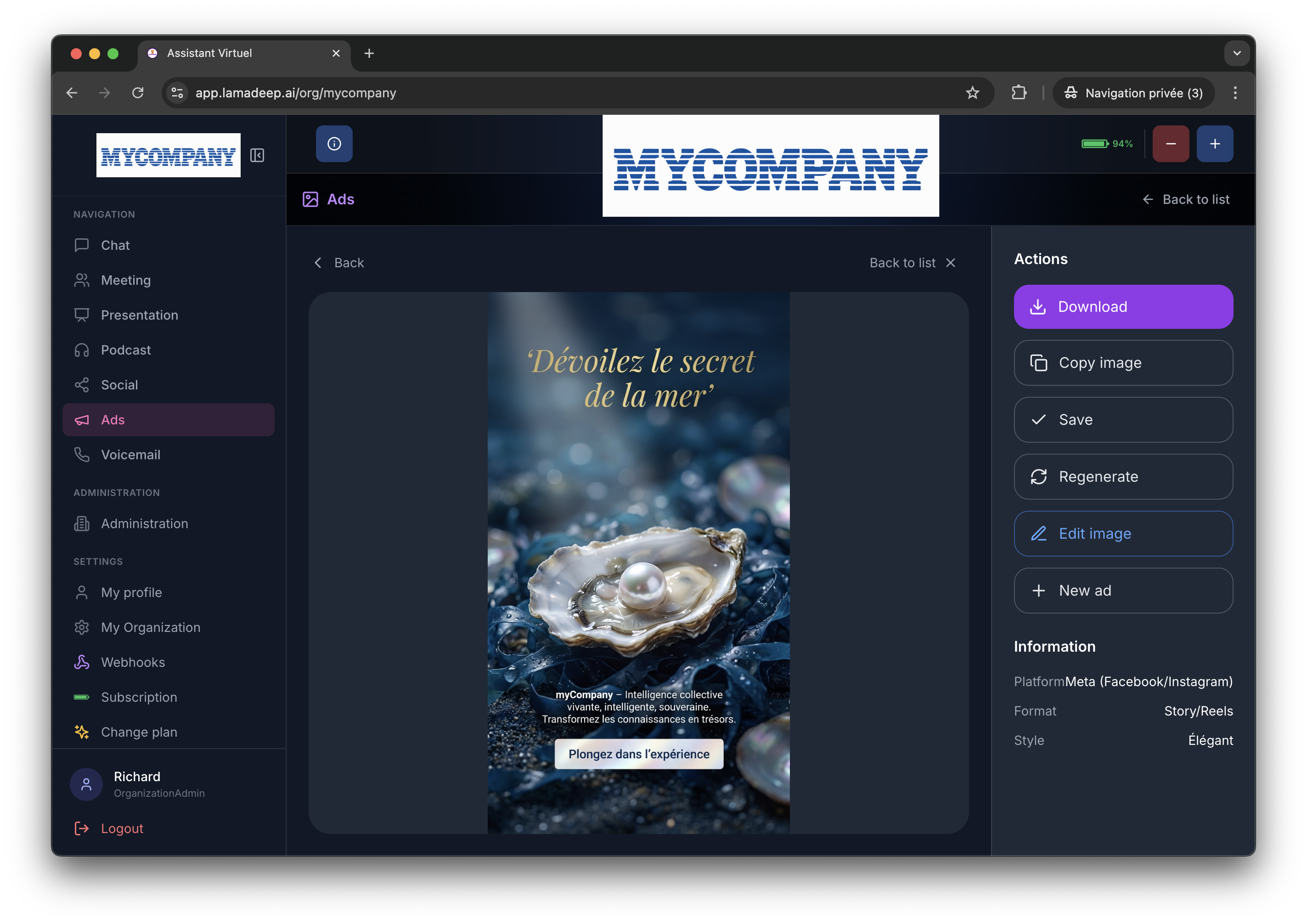 Interface Publicités — Directeur Créatif IA avec génération de concepts publicitaires