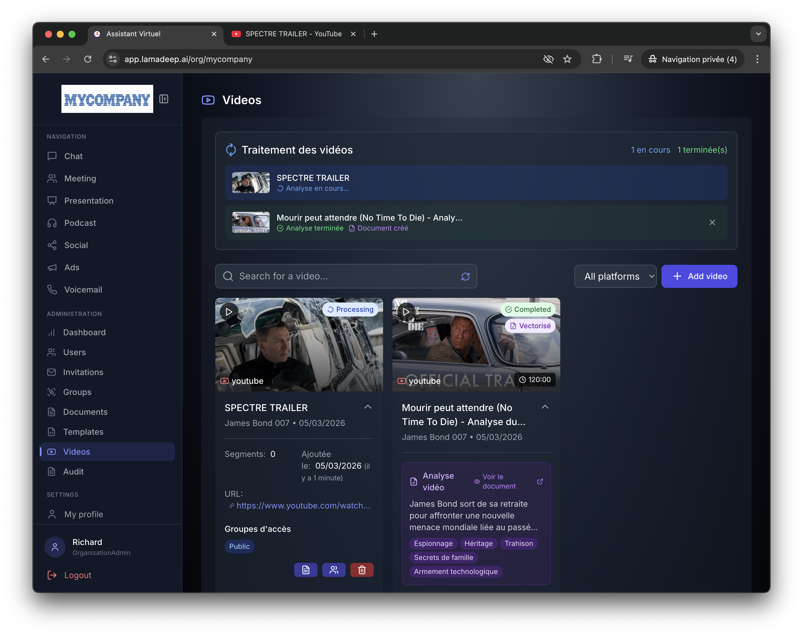 Interface Vidéos — Génération de vidéos IA multi-format
